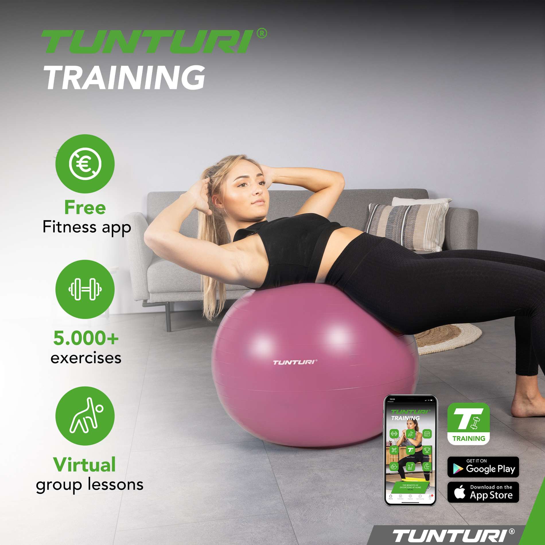 Võimlemispall TUNTURI Gymball 75cm Anti Burst, lilla