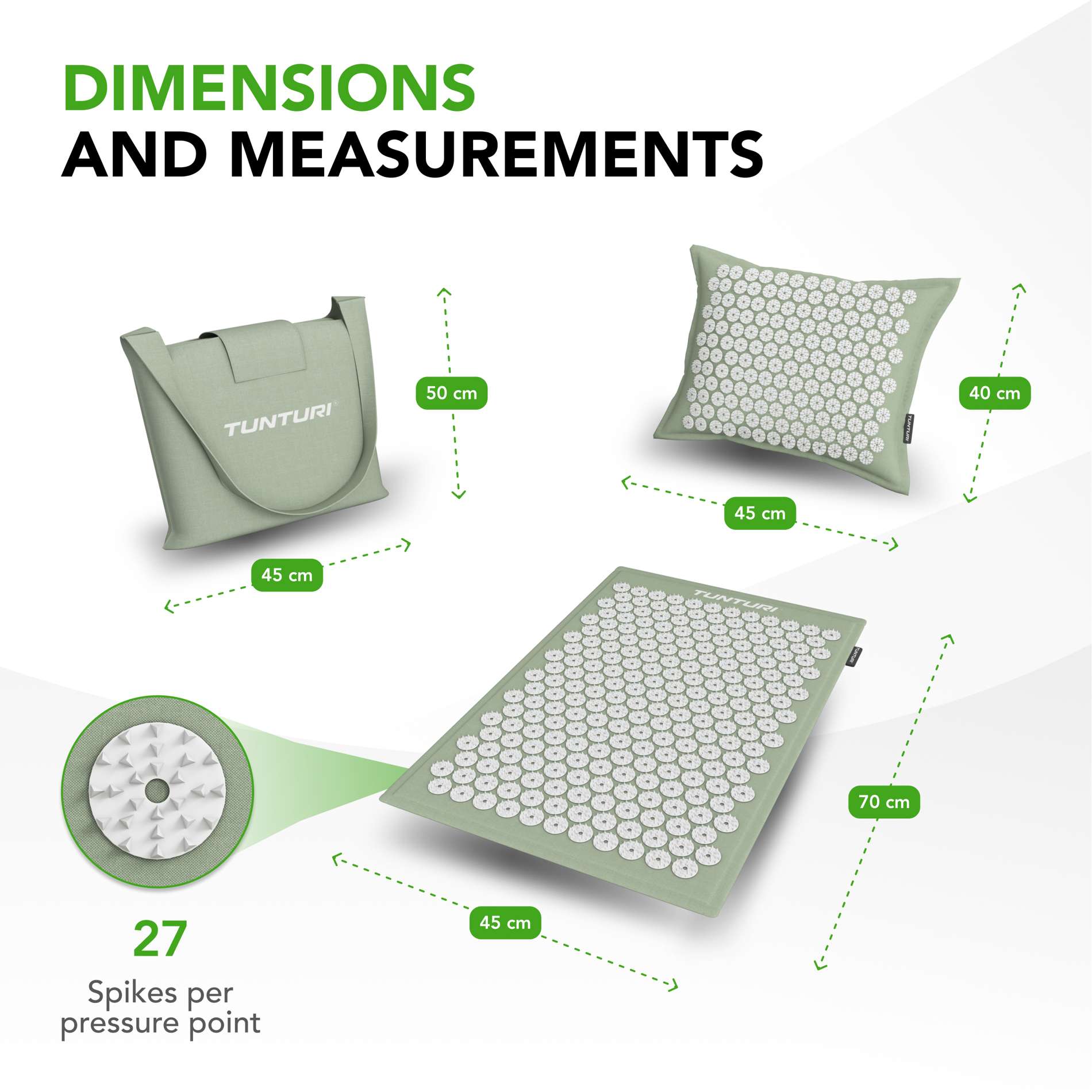 Punktimassaaži matt jaa padi TUNTURI PRO Acupressure Mat And Pillow, Mint