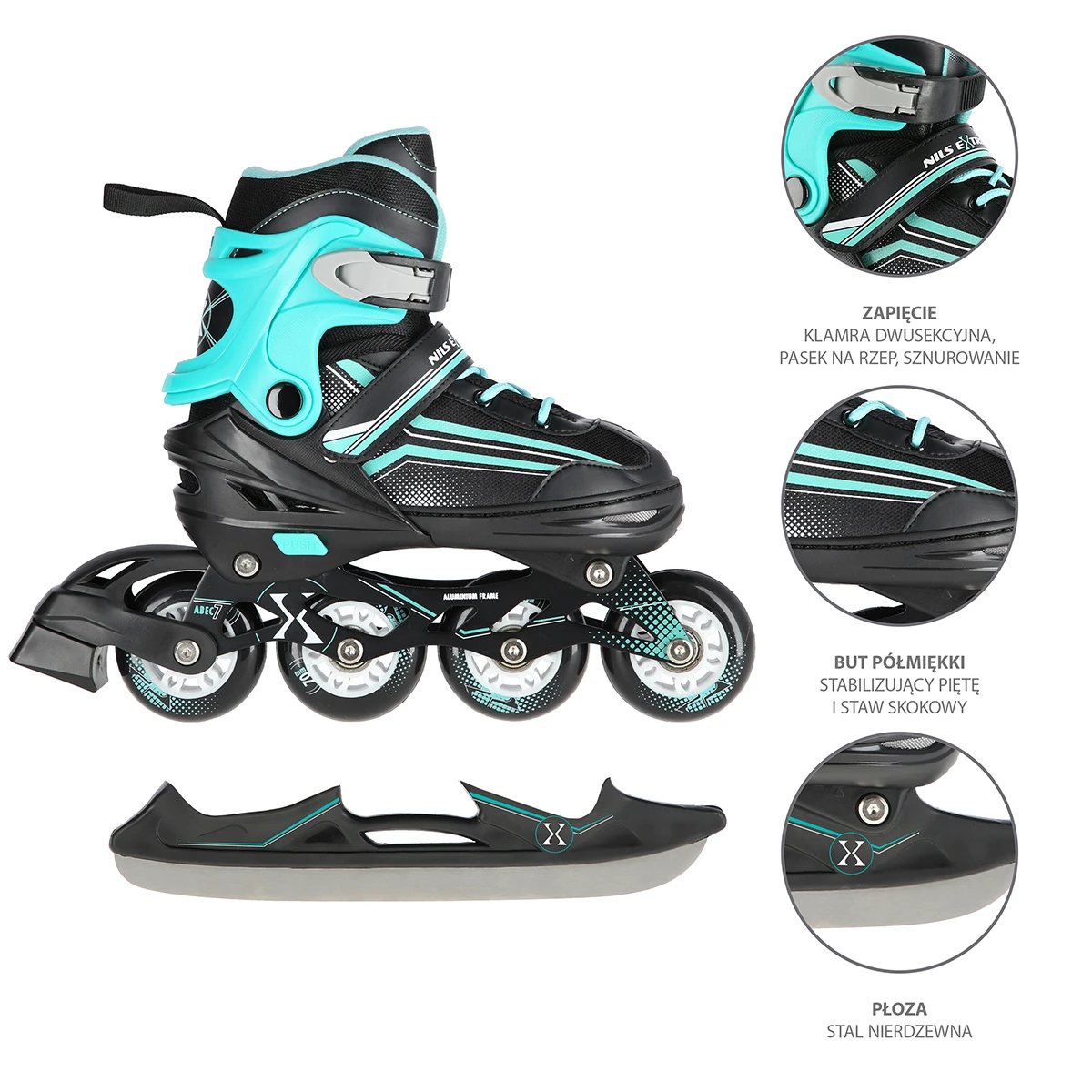 2in1 (rull)uisud NILS EXTREME NH18190 In-line Skates/Hockey Ice Skates, M (34-38) Black/Blue