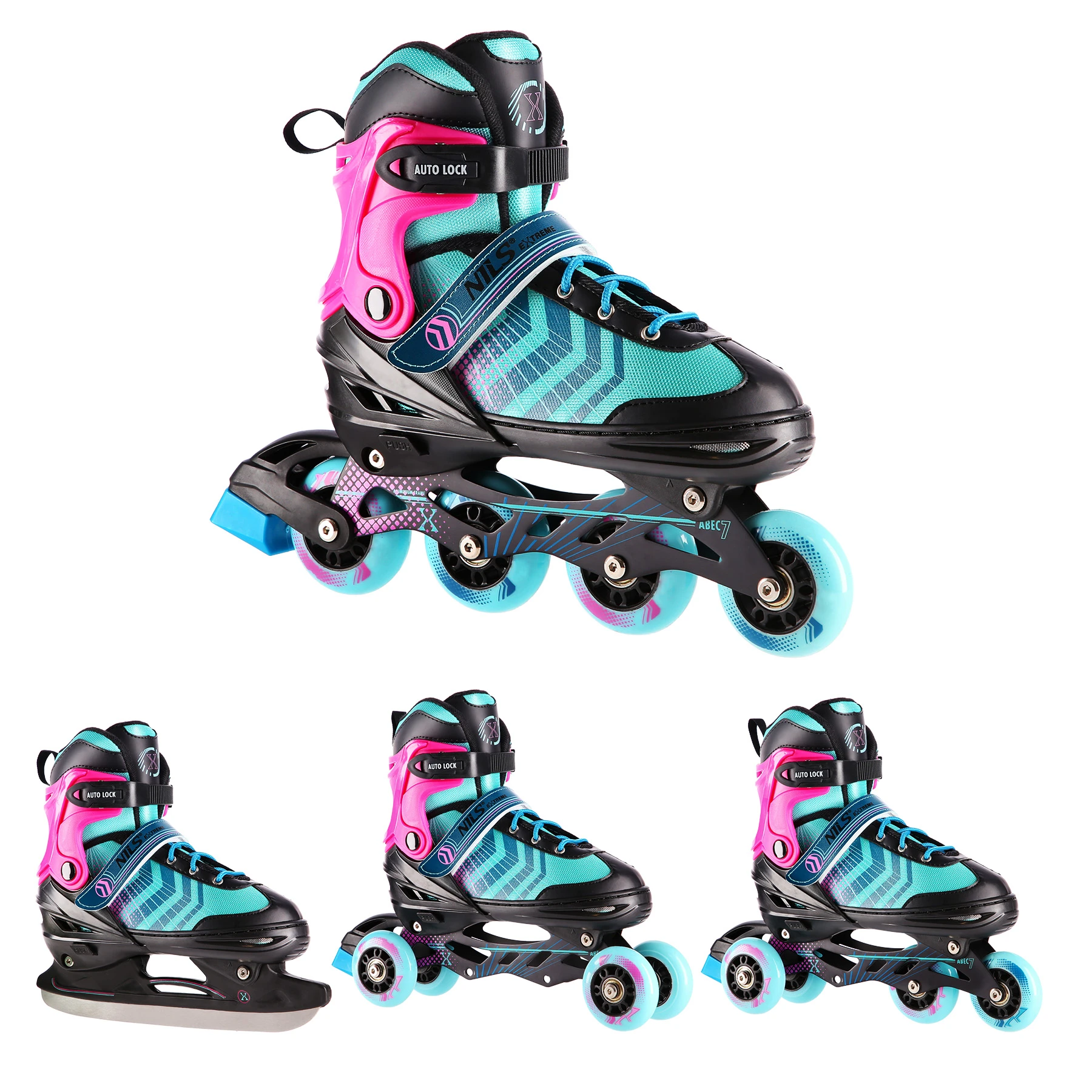 4in1 (rull)uisud NILS EXTREME NH18192A In-line Skates/Hockey Ice Skates, M (34-38), Black/Violet